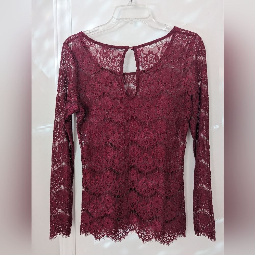 Maurice's Burgundy Sheer Lace Long Sleeve Top - Size Medium
